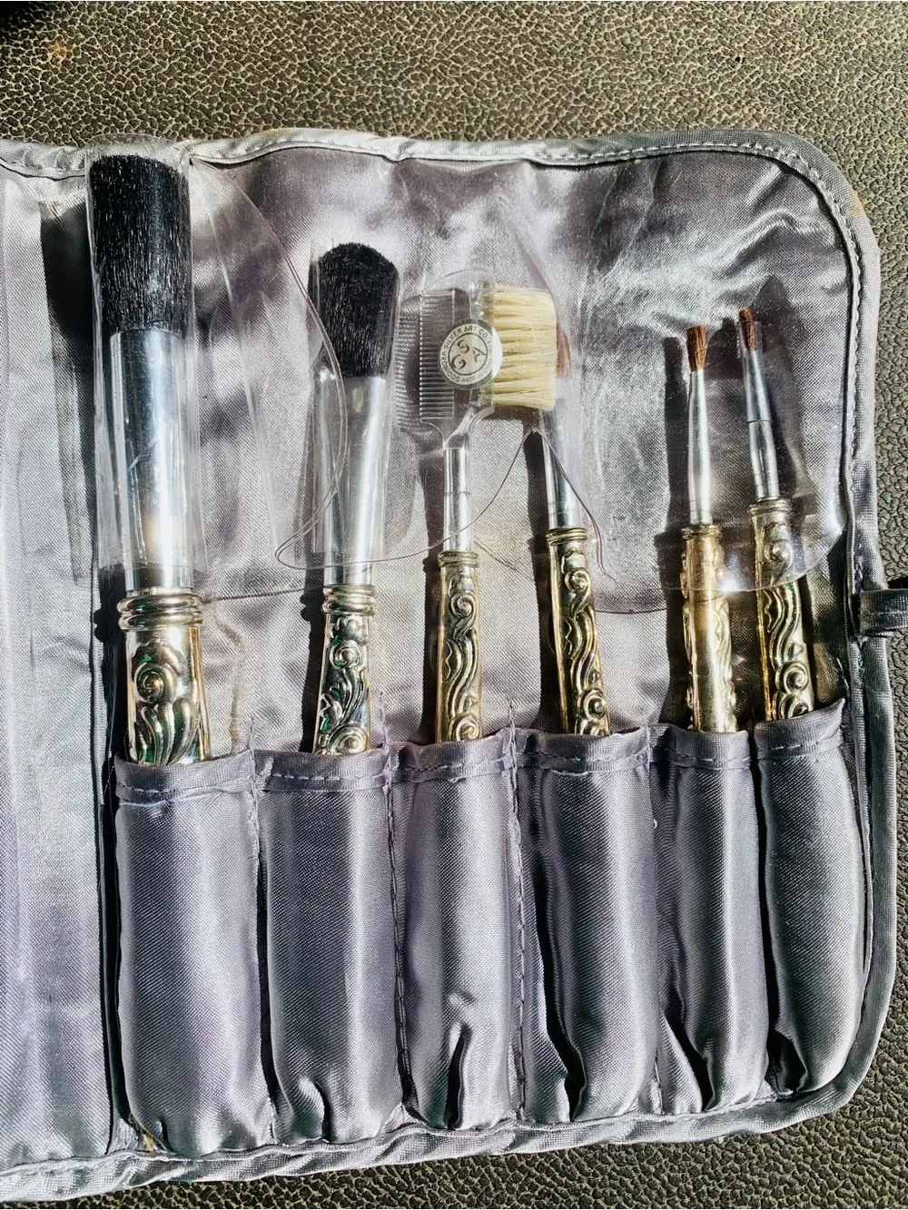 Ornate silver-Handled Makeup Brush Set in Light Gray Pouch